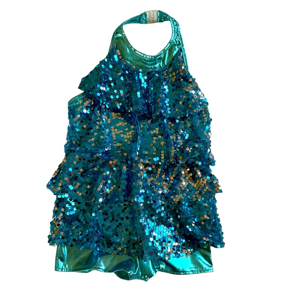 Sparkling Teal Blue Sequin Kids Costume Jazz Tap Sz 8